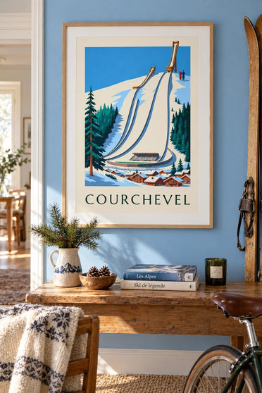 Poster Courchevel mit den verschneiten Sprungschanzen von Le Praz : gerahmt an der Wand
