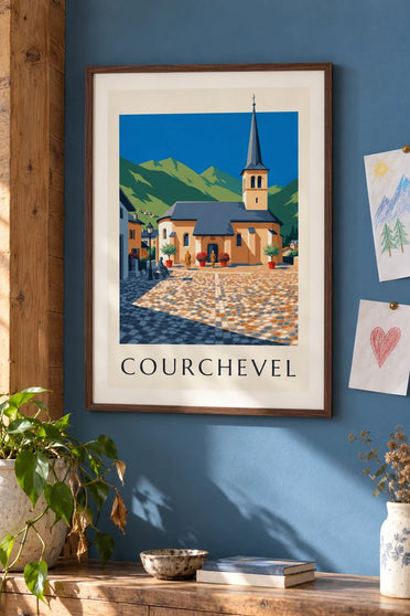 Poster Courchevel mit der Kirche von Saint-Bon : gerahmt an der Wand