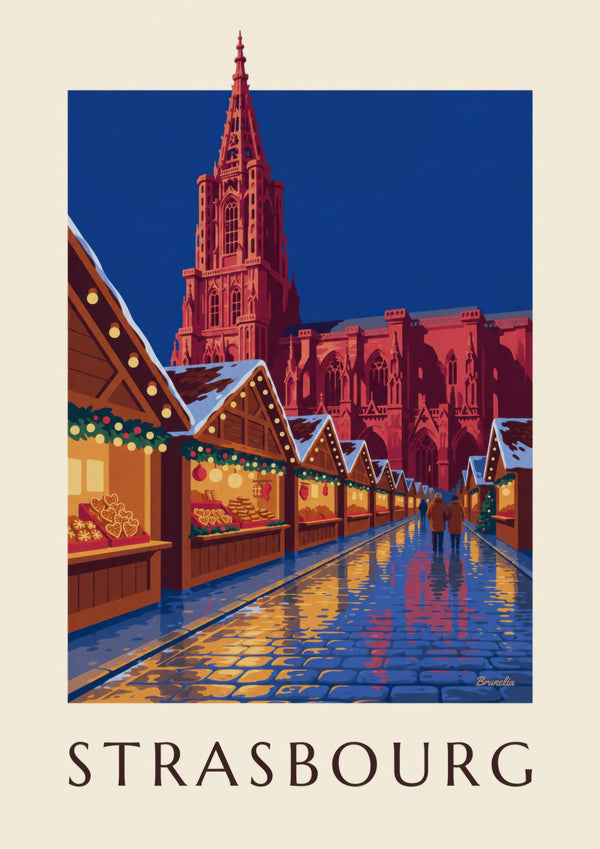 Poster Weihnachtsmarkt in Strasbourg bei Nacht