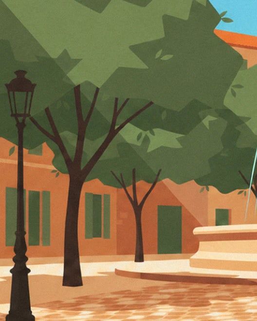 The black iron street lamp beneath the trees, facing the ochre houses and the pool