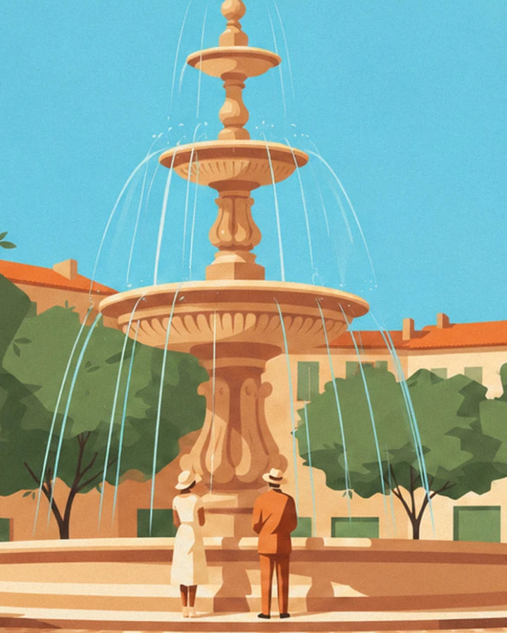 The couple in straw hats in front of the fountain with 3 basins and its jets of water