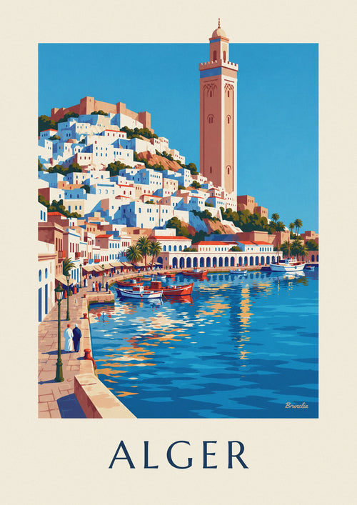 Poster weiße Kasbah von Algier, die zum Mittelmeer hinabführt: das ganze Poster