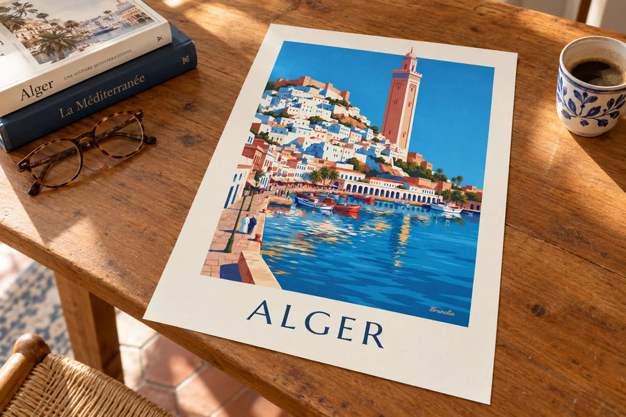 Poster weiße Kasbah von Algier, die zum Mittelmeer hinabführt: auf einem Tisch abgestellt