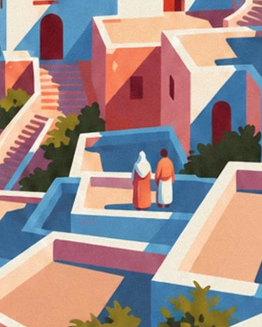 Un duo en blanc et orange sur une terrasse bordée de murs bleus