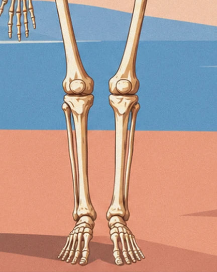 Les 2 jambes du squelette, genoux, tibias et pieds, sur un sol rose saumon