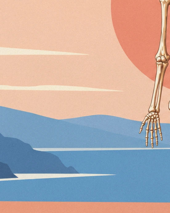 La main et l'avant-bras du squelette devant un grand soleil rose, face à la mer bleue