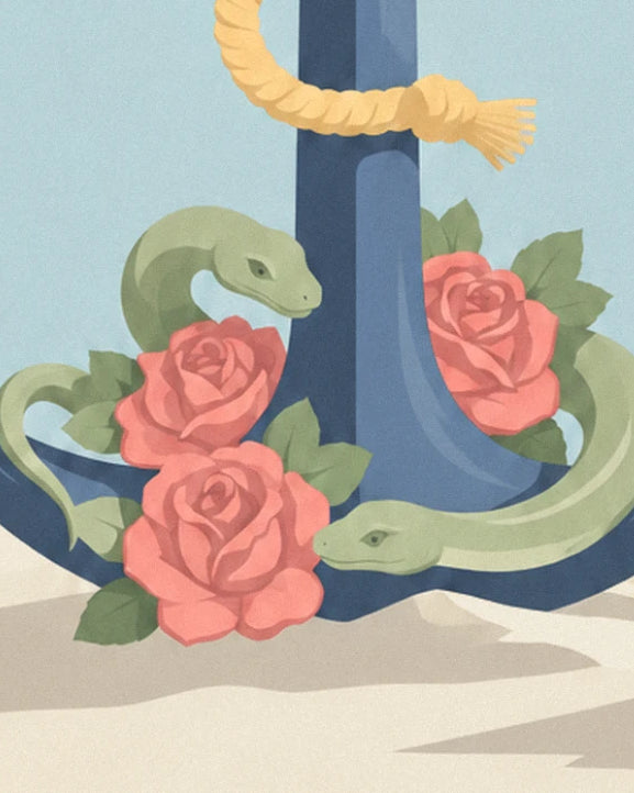 Les 3 roses rouges et les 2 serpents verts lovés au pied de l'ancre bleue, sur le sable