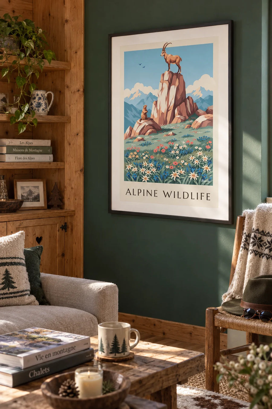 Poster of Alpine wildlife and flora, ibex, marmot and edelweiss: framed on the wall