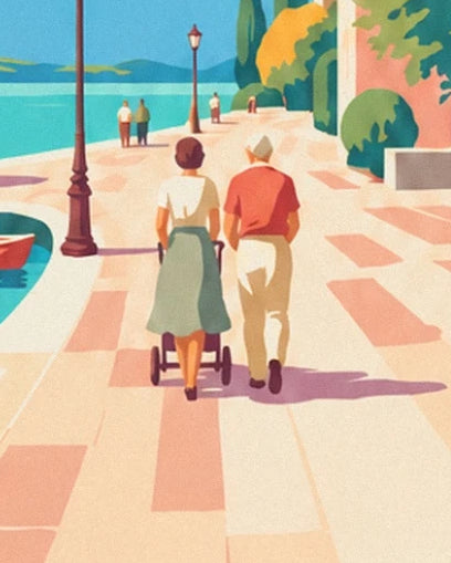 The couple seen from behind with a pushchair on the sunny lakeside promenade