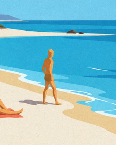 Baigneur en maillot qui marche au bord de l'eau, mer turquoise et îlot au loin