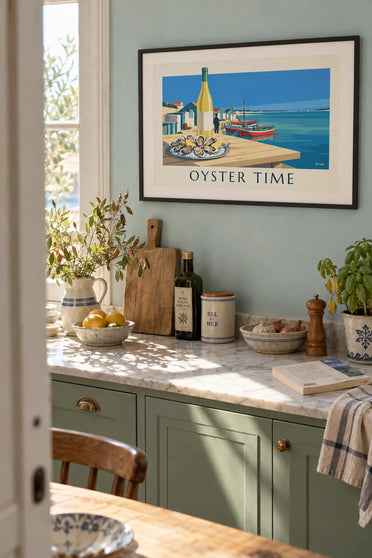 Poster Austern und Weißwein vom Bassin d'Arcachon: gerahmt an der Wand