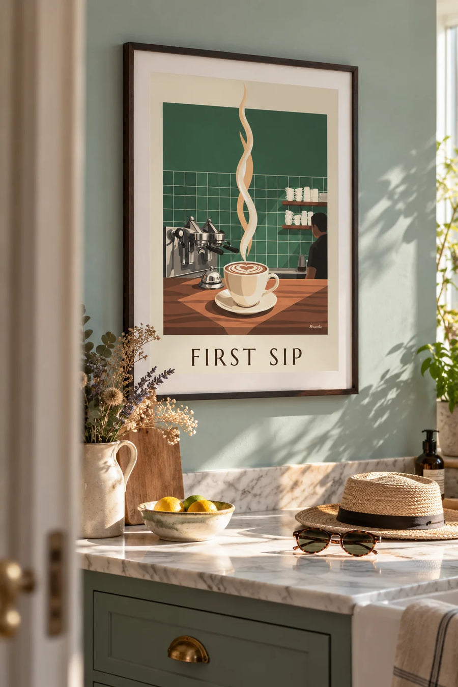 Cappuccino with foam heart on a café counter poster: framed on the wall