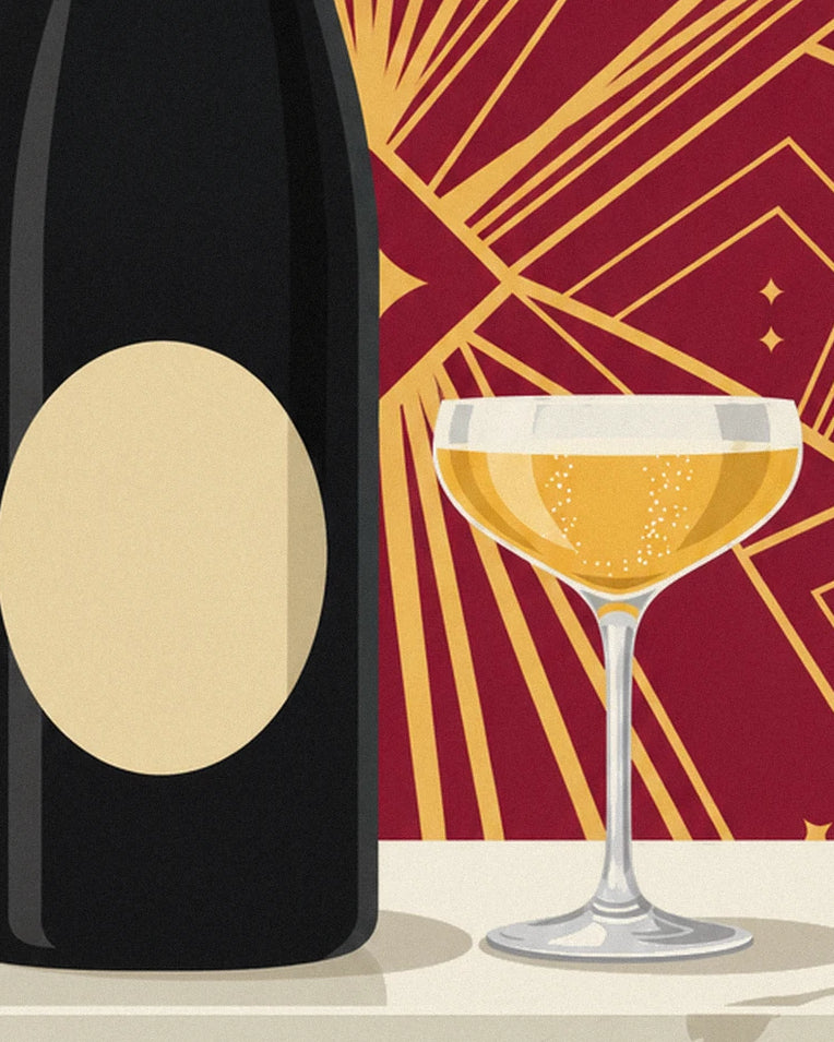 Black and gold brut champagne bottle poster: close-up detail