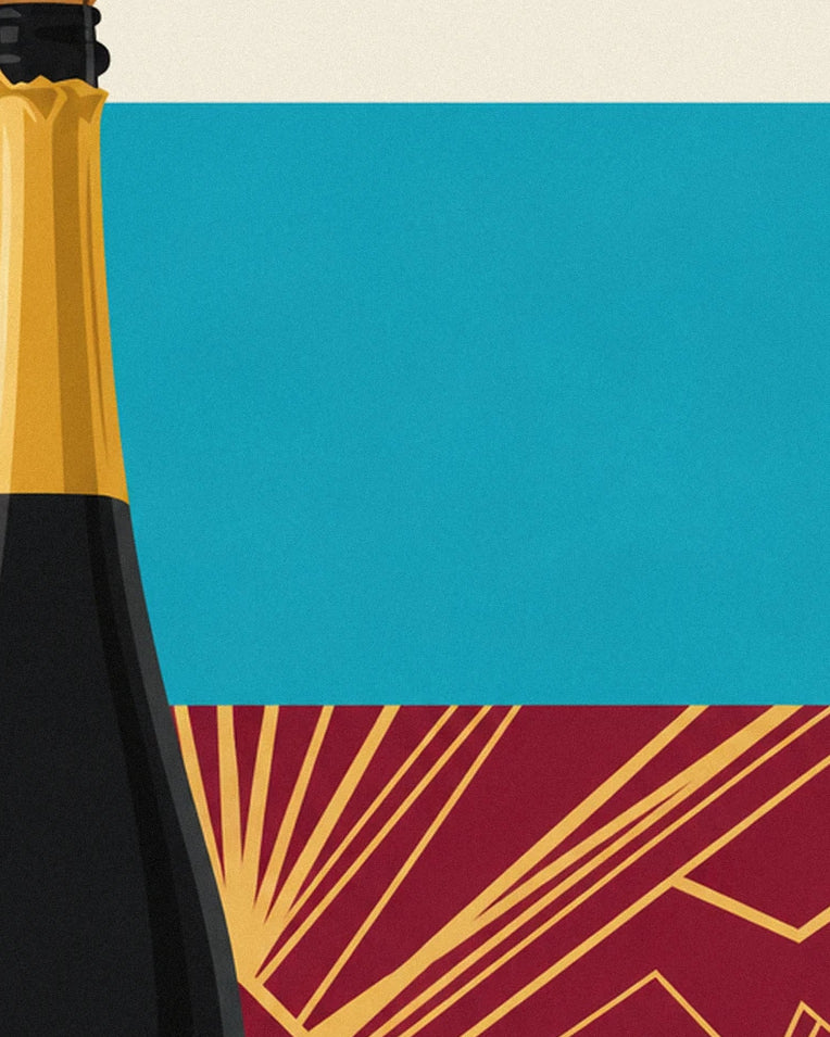 Black and gold brut champagne bottle poster: close-up detail