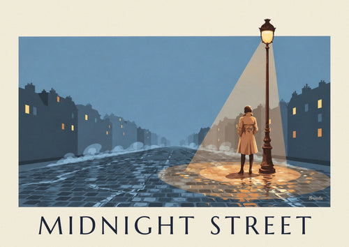 Poster Frau im Trenchcoat unter einer Straßenlaterne bei Nacht: das ganze Poster