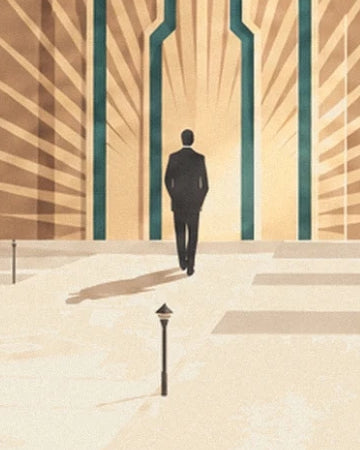 A man seen from behind in a dark suit, in front of a grand entrance with golden lines