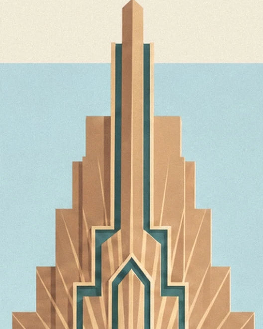 A geometric façade with golden tiers and dark green lines, against a pale blue background