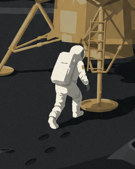 The astronaut in a white spacesuit walking away from the module, leaving footprints in the grey dust