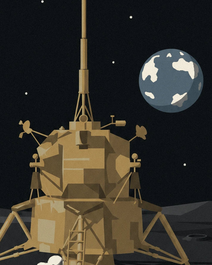 The golden lunar module, its antenna and the blue Earth in the black sky