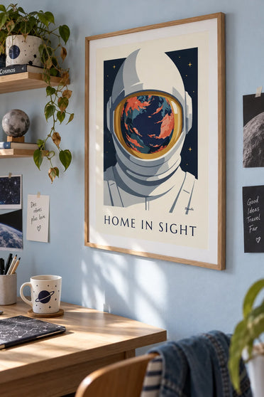 Poster Spiegelbild der Erde im Helm eines Astronauten: gerahmt an der Wand