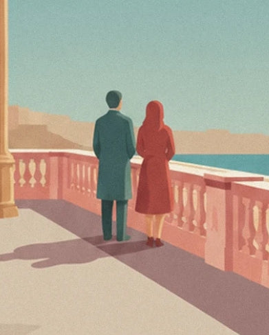 A couple seen from behind in blue and red coats in front of the pink balustrade and the sea