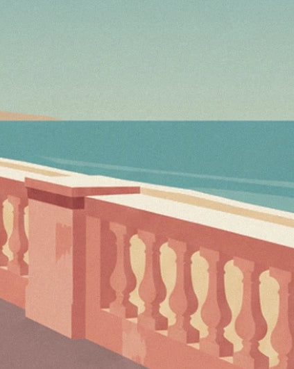 The pink balustrade with pale balusters facing the turquoise sea