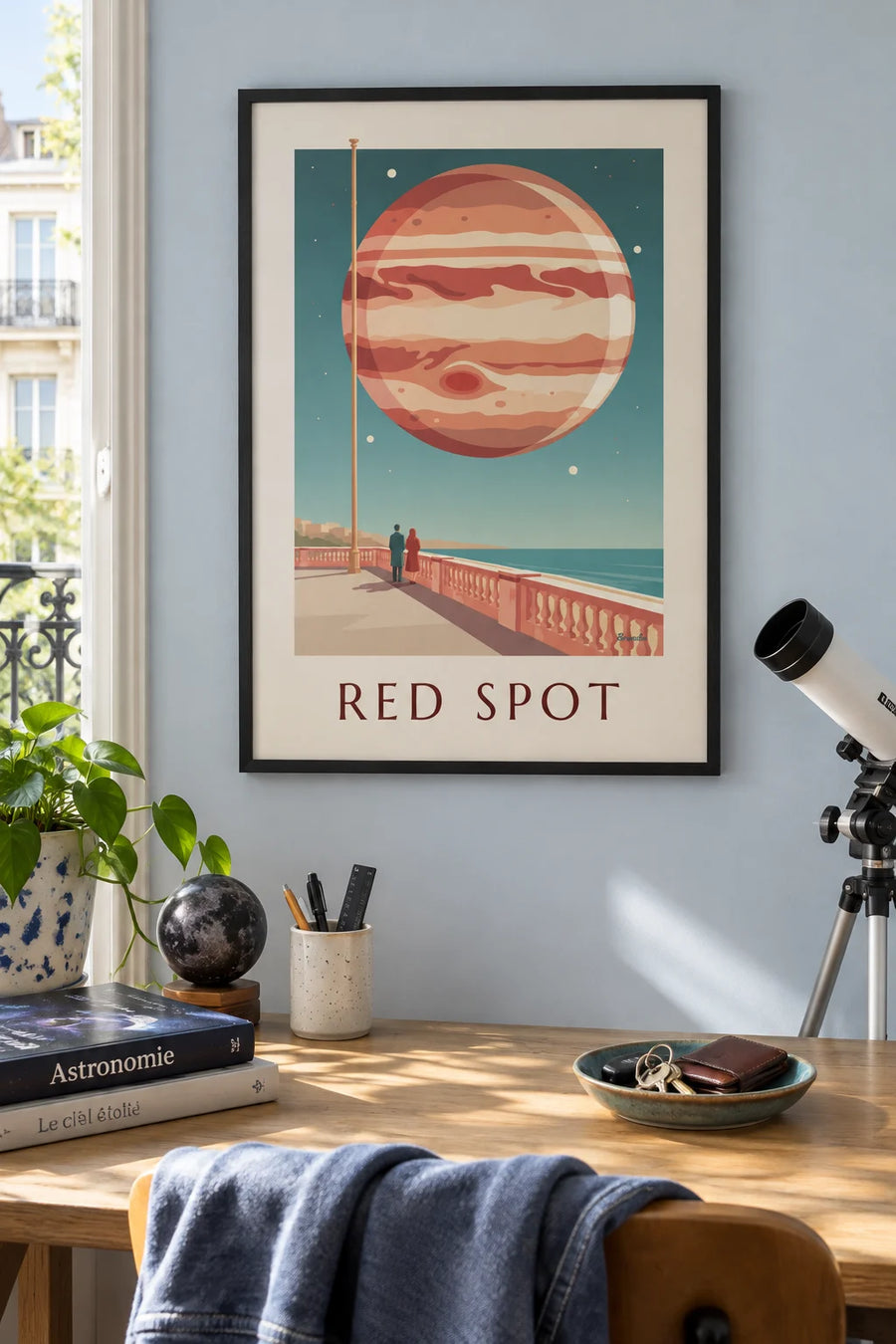Poster of the planet Jupiter and its Great Red Spot in the sky: framed on the wall