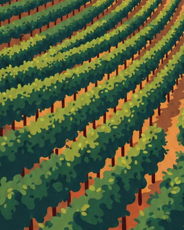 Les rangées de vignes vertes et leurs piquets bruns sur la terre ocre