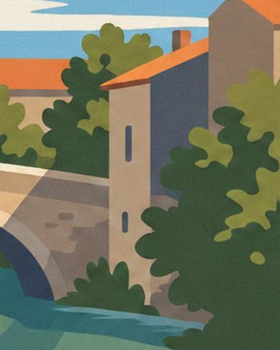 The old stone bridge and the house with an orange roof, hidden among the leaves above the water