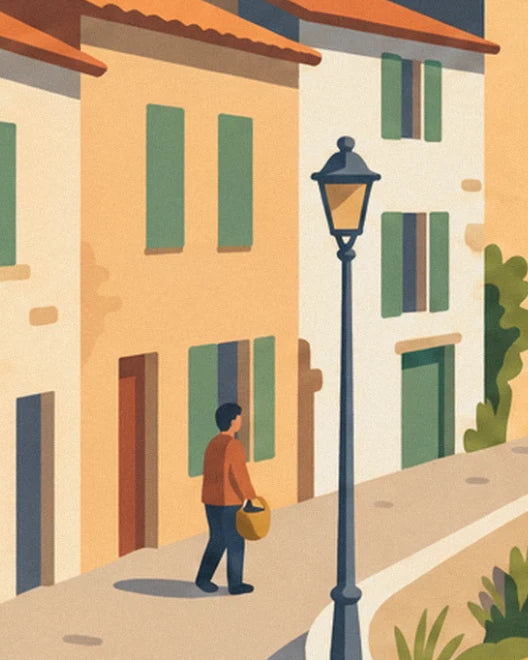 The walker in an orange jacket with a basket, beneath the street lamp, in front of the ochre façades