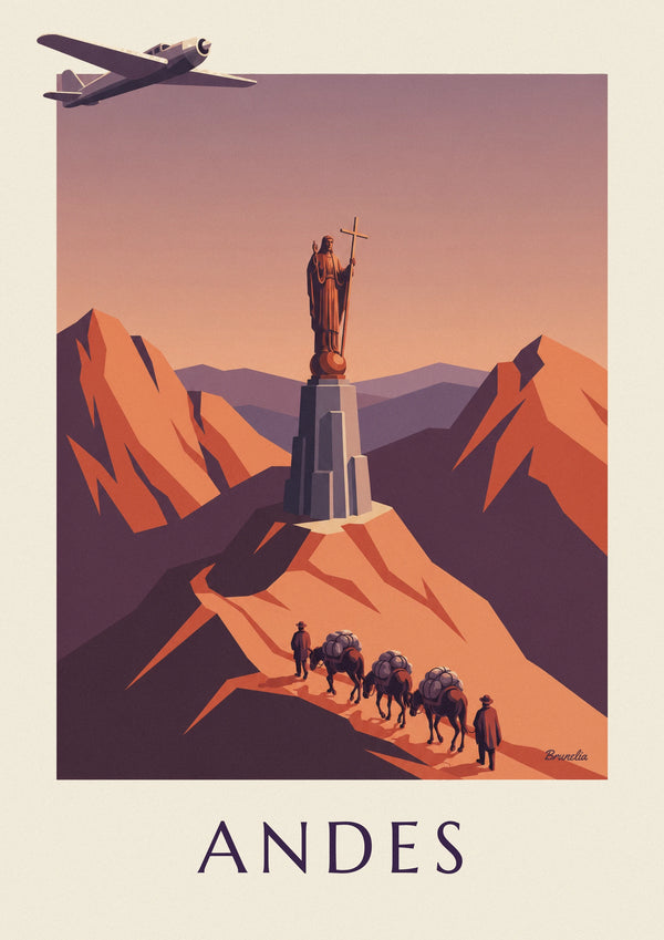 Poster Postflugzeug und Maultierkarawane in den Anden