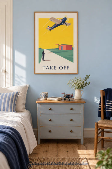 Poster Propellerflugzeug beim Start vor gelbem Himmel: gerahmt an der Wand