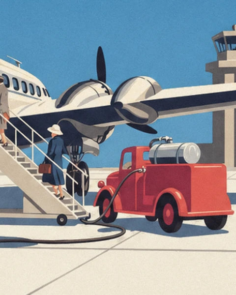 The red tanker and its suitcase, near the propeller and boarding steps