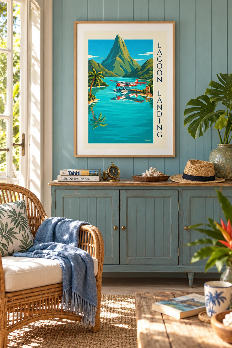 Poster of a red and white seaplane moored at a lagoon jetty: framed on the wall