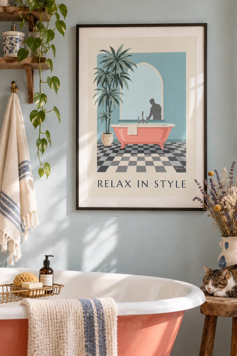 Poster of a coral bathtub and checkerboard tiles: framed on the wall