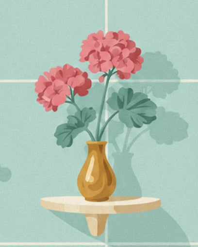 The pink flowers with green foliage in a golden vase on a cream shelf