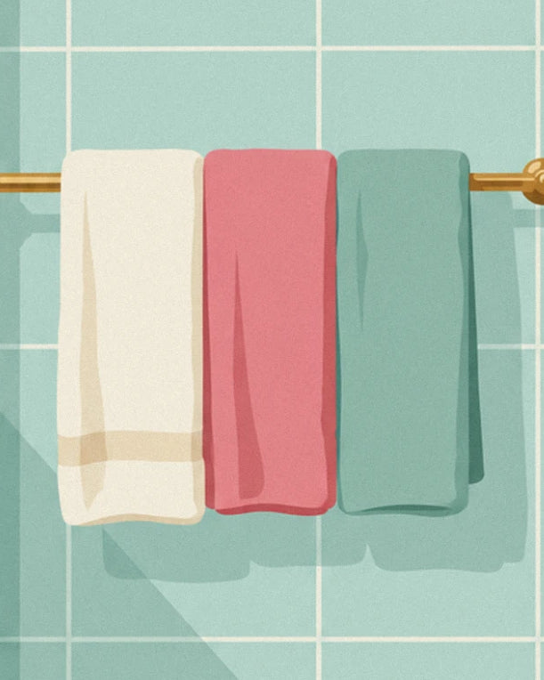 The 3 cream, pink and sea green towels on a brass rail