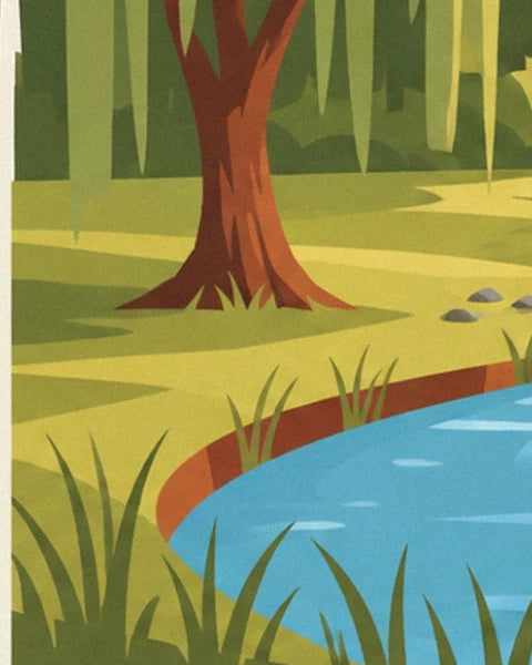 Le tronc roux d'un saule sur la berge herbeuse, au bord de l'eau bleue