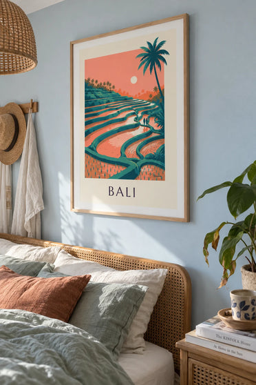 Poster Reisterrassen auf Bali bei Sonnenuntergang: gerahmt an der Wand