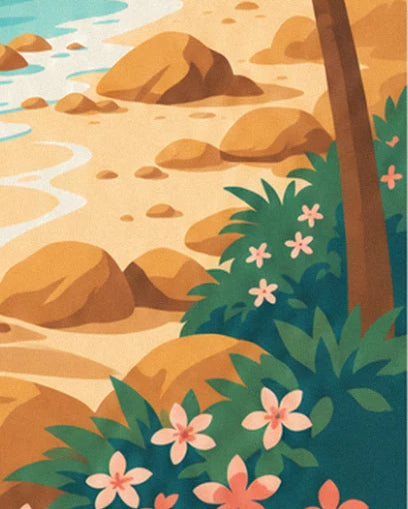 Die rosa Blüten und grünen Blätter am Fuß eines Baumstamms zwischen den goldenen Felsen am Strand