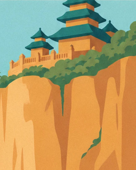 Der Tempel mit grünen, gestuften Dächern, hoch oben auf der ockerfarbenen Klippe von Uluwatu