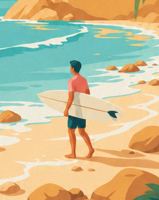Der Surfer im pinken T-Shirt und grünen Shorts, mit weißem Brett unter dem Arm, barfuß im Sand
