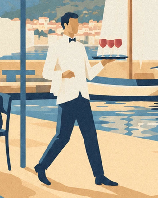 The waiter in a white jacket and bow tie carrying 3 glasses of red wine along the quay