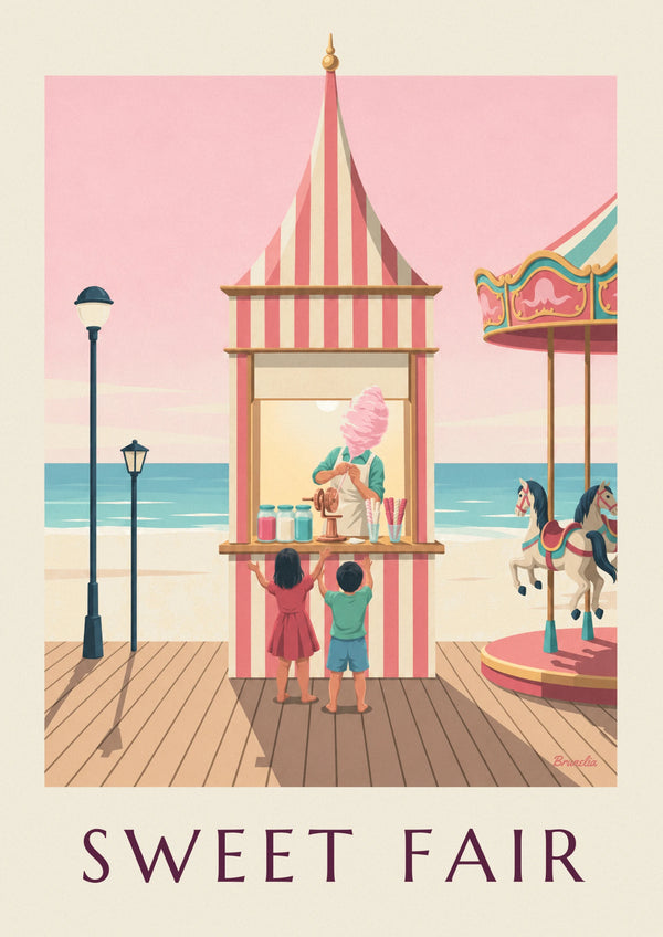 Cotton candy stand at a seaside fair poster