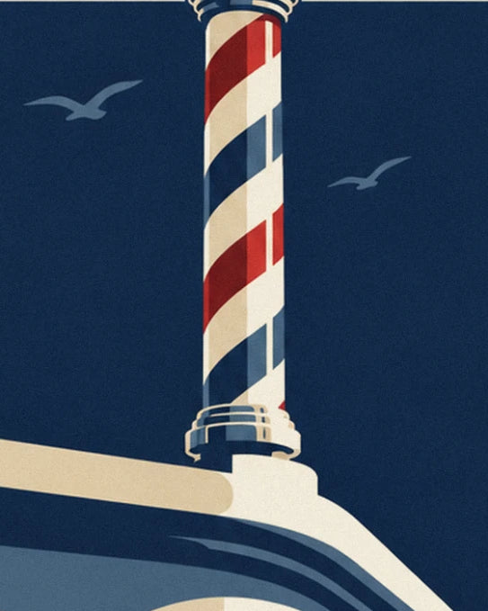 The barber's pole with red and cream spirals, with 2 seagulls in the midnight blue sky