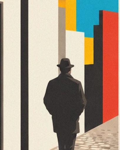 The passer-by in a coat and hat, seen from behind, walking along the façade on the cobbles