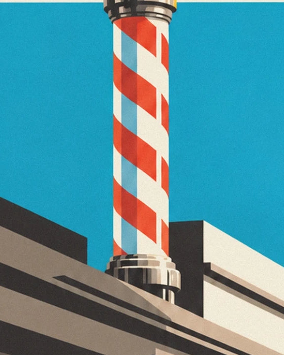 The red and blue striped barber's pole on its chrome base, beneath a turquoise sky