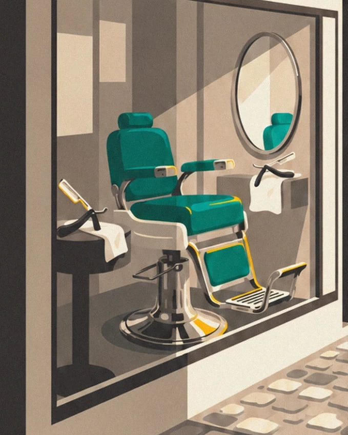 The green and chrome barber's chair in the shop window, with its round mirror and 2 razors