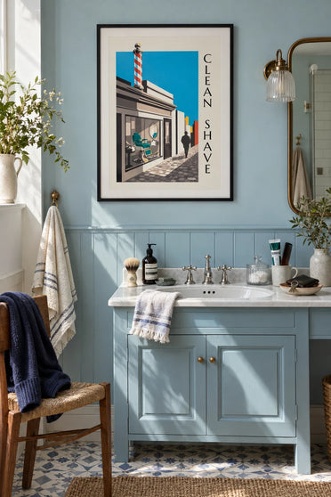 Poster Barbier, gestreiftes Schild und Rasiermesser in Schwarz-Weiß: gerahmt an der Wand