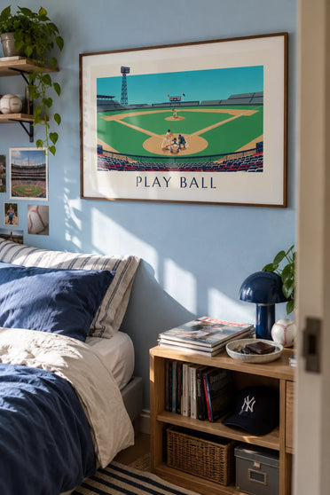 Affiche match de baseball vu des tribunes un après-midi : encadrée au mur